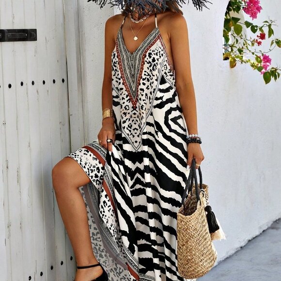 White Boho Womens Animal Print Backless Halter Neck Dress - Picture 2 of 5